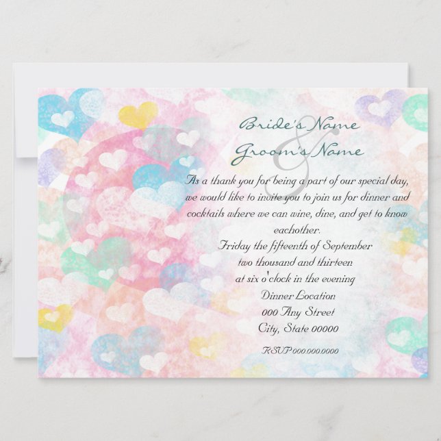 Invitation Pastel Aquarelle Coeurs Répétition Dîner Invitatio (Devant)