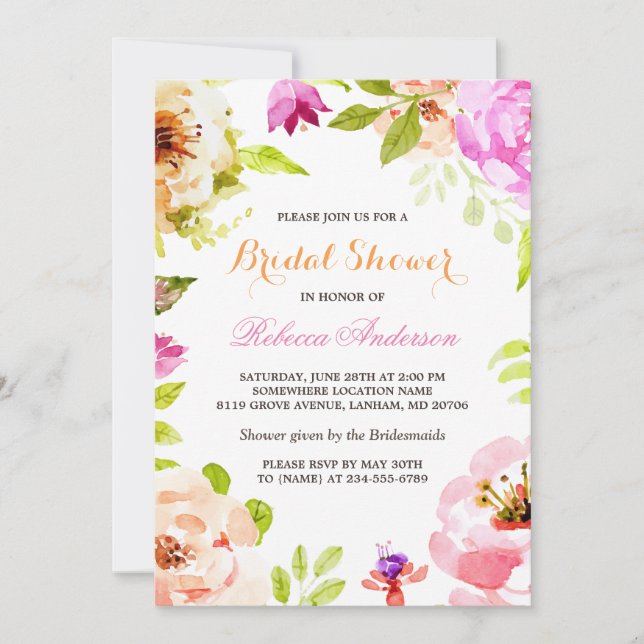 Invitation Pastel Aquarelle Fleurs Fête des mariées botanique (Devant)