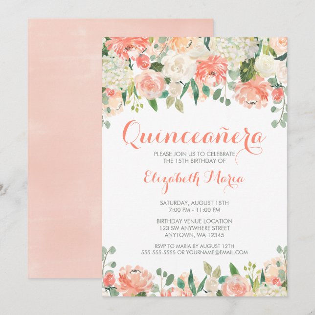 Invitation Pastel Aquarelle Fleurs Quinceañera (Devant / Derrière)