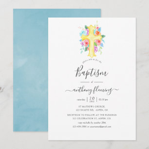 Invitation Pastel Aquarelle Floral Boy Baptême/Christening