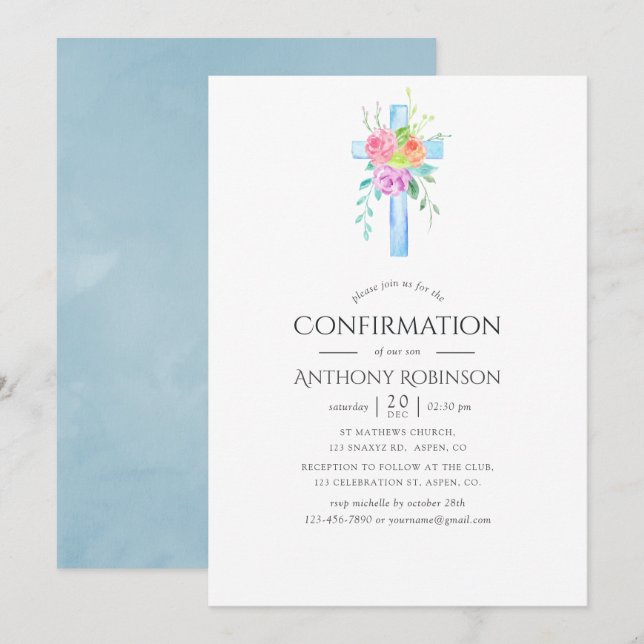 Invitation Pastel Aquarelle Floral Boy Confirmation (Devant / Derrière)