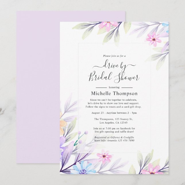 Invitation Pastel Aquarelle Floral Drive Par Douche (Devant / Derrière)