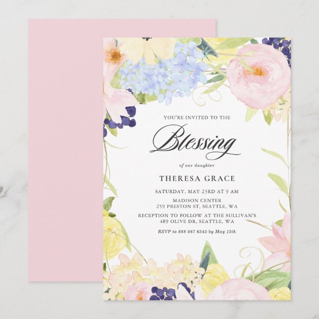 Invitation Pastel Aquarelle Floral Frame Blessing (Devant / Derrière)