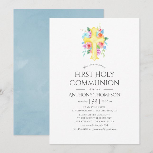 Invitation Pastel Aquarelle Floral Garçon Première Communion  (Devant / Derrière)