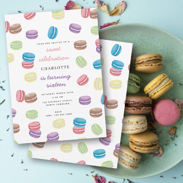 Invitation Pastel Aquarelle Français Macarons Anniversaire (Pastel Watercolor French Macarons Birthday Party Invitation)