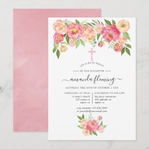 Invitation Pastel Aquarelle Peonies Baptême ou Christening