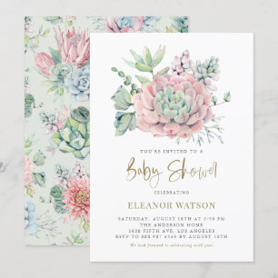 Invitation Pastel Aquarelle Succulents Baby shower fille