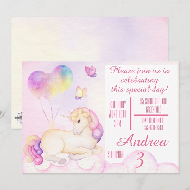 Invitation Pastel Aquarelle Unicorne et Ballons Anniversaire (Devant / Derrière)