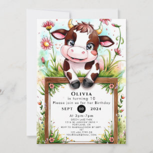 Invitation Pastel Aquarelle Vache Anniversaire