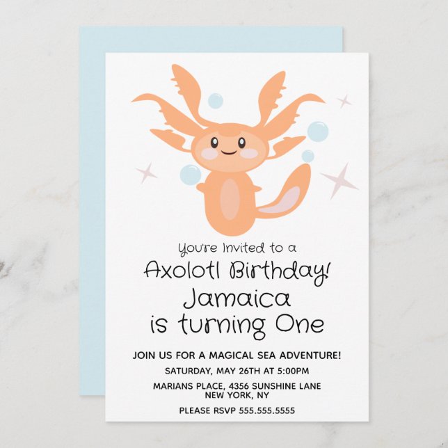 Invitation Pastel Axolotl Océan Créature 1er anniversaire (Devant / Derrière)