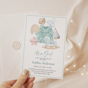 Invitation Pastel Baby Girl Douche avec Robe Bleue Douce