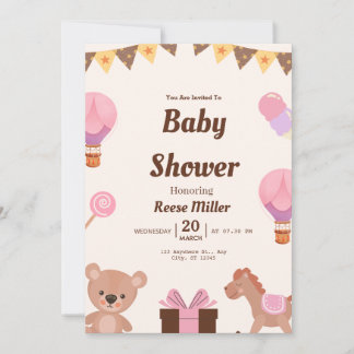 Invitation Pastel Baby Shower Invite – Balloons, Bear & Candy