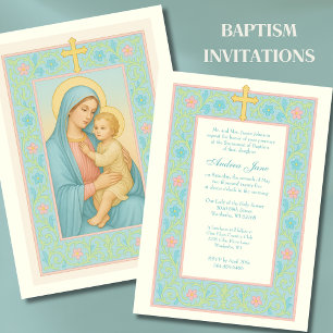 Invitation Pastel Baptême Marie et Jésus Floral