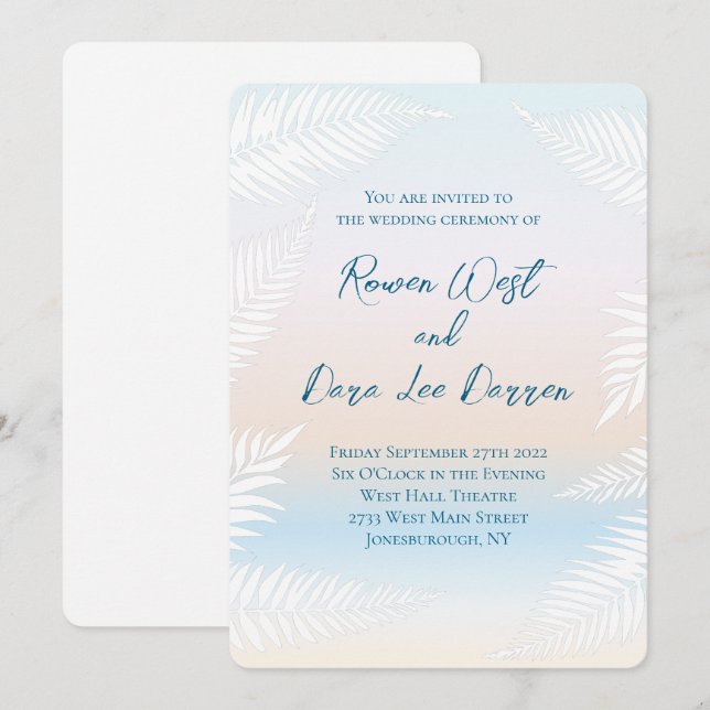 Invitation Pastel Beach Sunset Tropical Palm Leaf Wedding (Devant / Derrière)