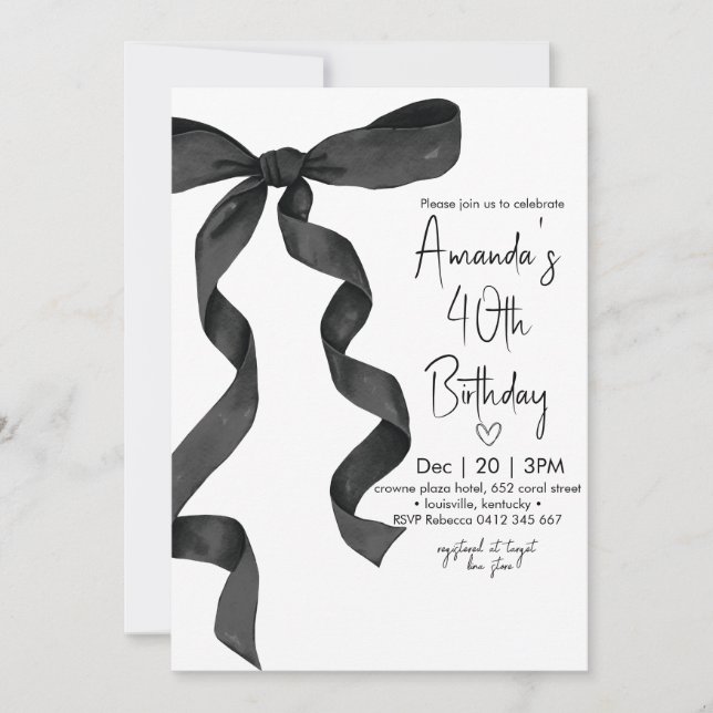Invitation Pastel Black Bow Élégant anniversaire (Devant)