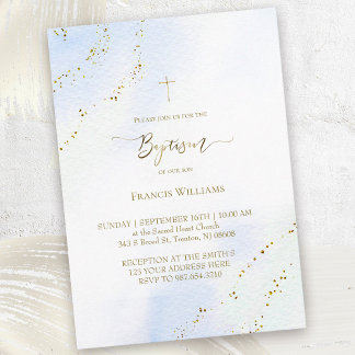Invitation pastel bleu aquarelle Baptême