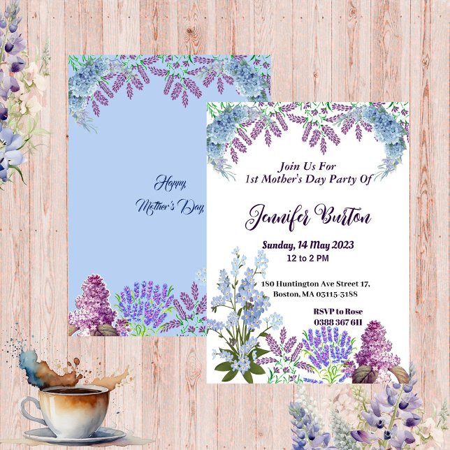 Invitation Pastel bleu doux Lilac Hydrangea 1ère fête des mèr (Soft Pastel Blue Lilac Hydrangea 1st Mother's Day Invitation)
