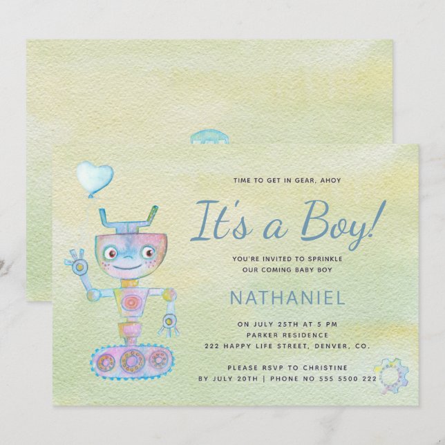 Invitation Pastel bleu mignon robot c'est un baby shower garç (Devant / Derrière)