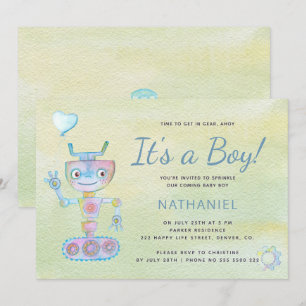 Invitation Pastel bleu mignon robot c'est un baby shower garç