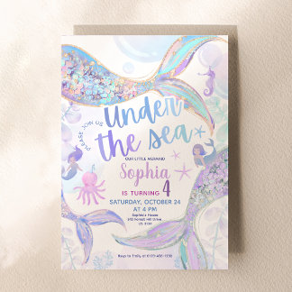 Invitation Pastel Bleu Violet Or Paillettes Sirène Anniversai