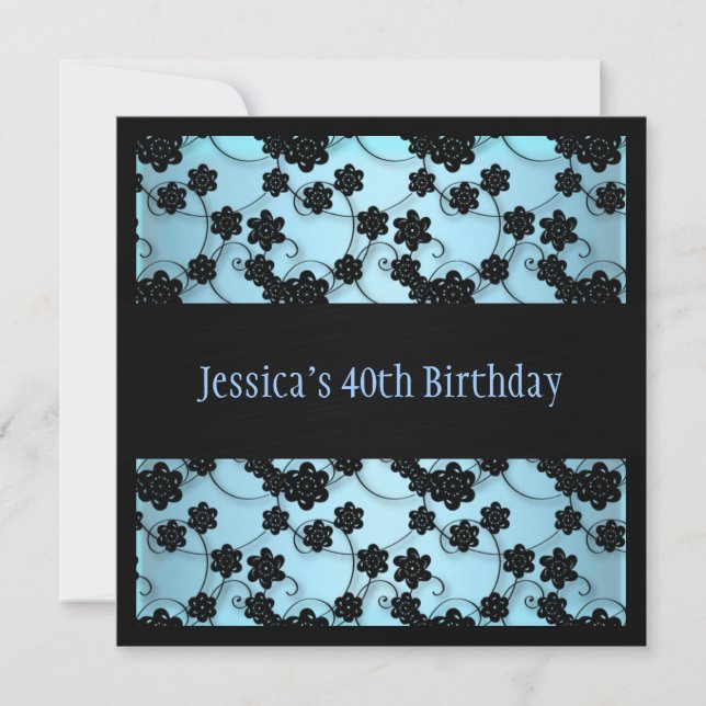 Invitation Pastel Blue & Black Flowers 40e anniversaire (Devant)