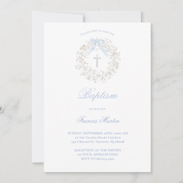 Invitation pastel blue bow baby's breath wreath Baptism (Devant)