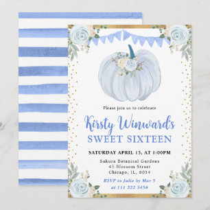 Invitation Pastel Blue et or Floral Citrouille Fall Sweet 16