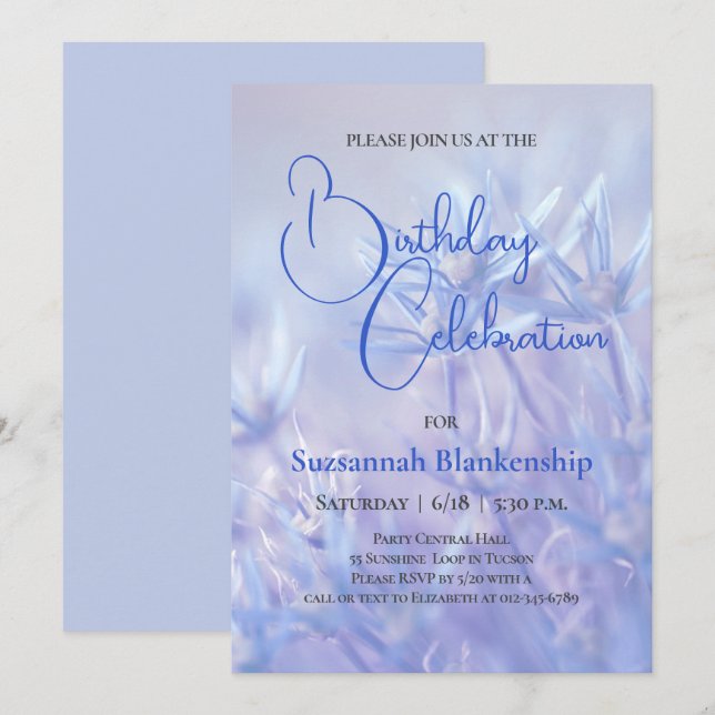 Invitation Pastel Blue Floral Arrière - plan Fête d'anniversa (Devant / Derrière)