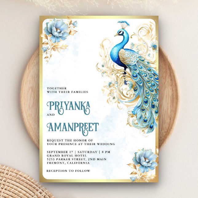 Invitation Pastel Blue Gold Floral Mariage indien Peacock (Créateur téléchargé)