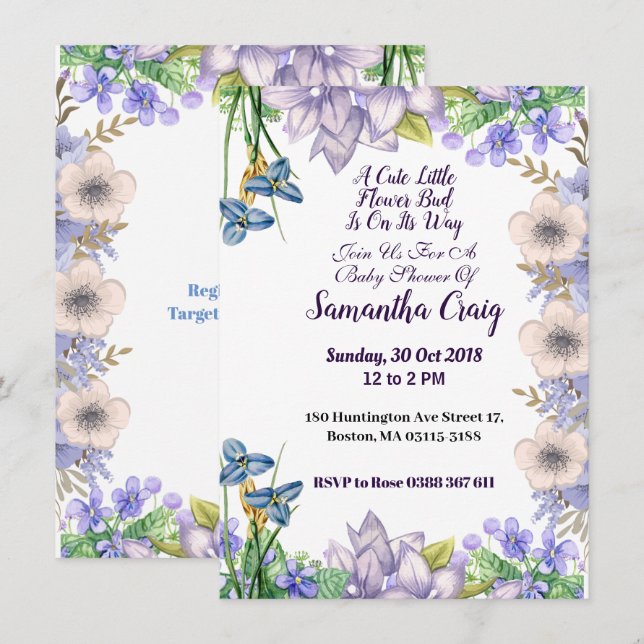 Invitation Pastel Blue Little Flower Bud Floral Baby shower (Devant / Derrière)