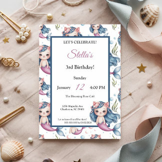 Invitation Pastel Blue Pink Chat Mermaid Fille fête d'anniver