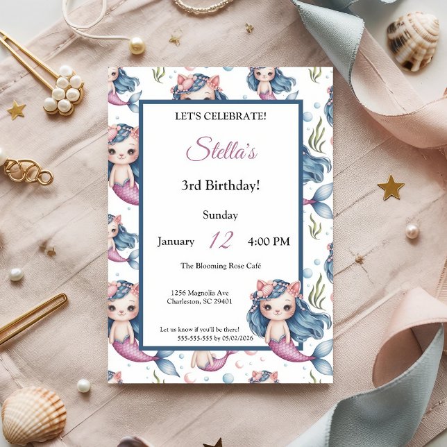 Invitation Pastel Blue Pink Chat Mermaid Fille fête d'anniver (Créateur téléchargé)