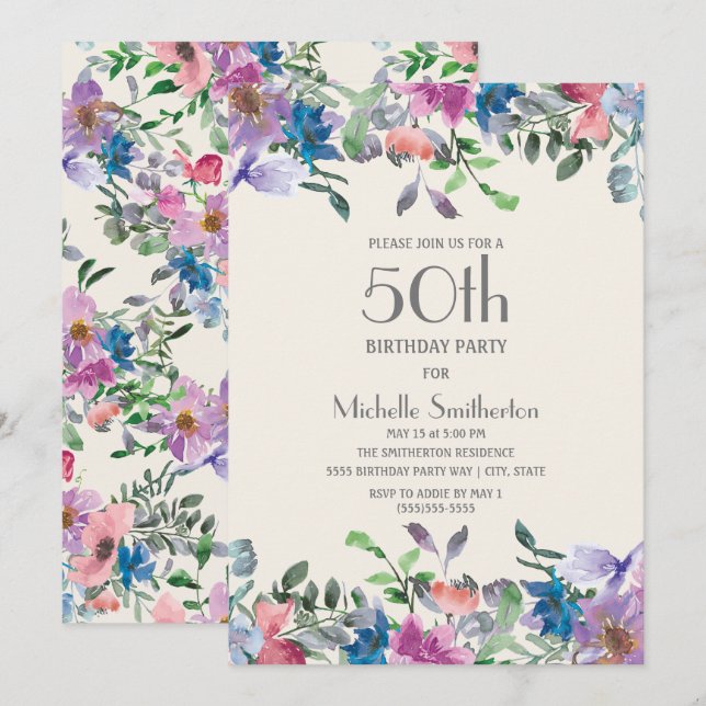 Invitation Pastel Blue Purple Floral Femmes 50e anniversaire (Devant / Derrière)