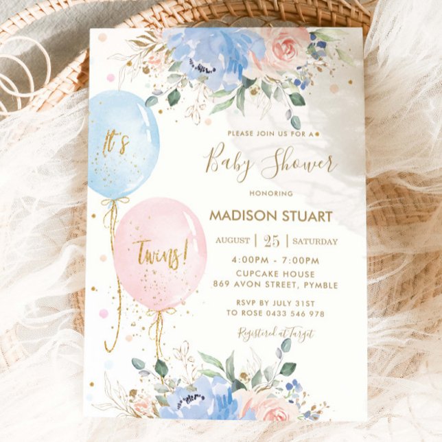 Invitation Pastel Blue Rose Floral Balloons Baby shower jumea (Créateur téléchargé)