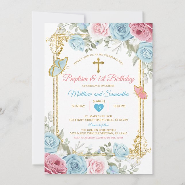 Invitation Pastel Blue Rose Gold Baptême & 1er anniversaire (Devant)
