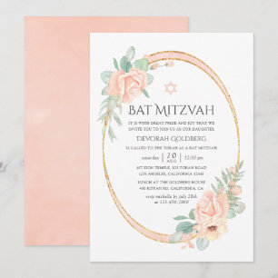 Invitation Pastel Blush Floral Bat mitzvah géométrique
