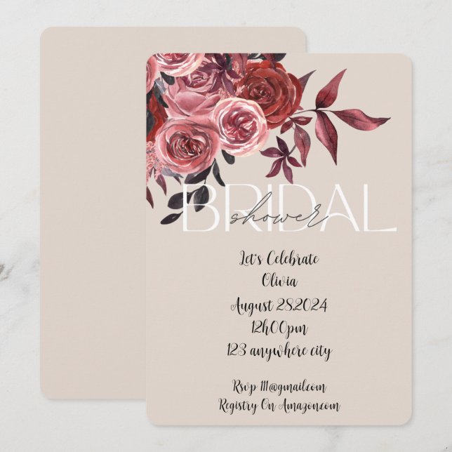 INVITATION PASTEL BLUSH FLORAL BURGUNDY FÊTE DES MARIÉES (Devant / Derrière)