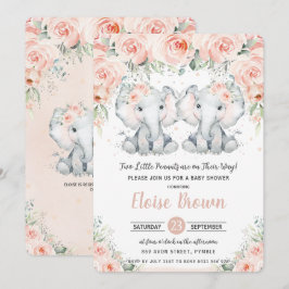 Invitation Pastel Blush Floral Elephant Twins Baby shower
