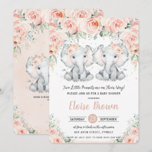 Invitation Pastel Blush Floral Elephant Twins Baby shower