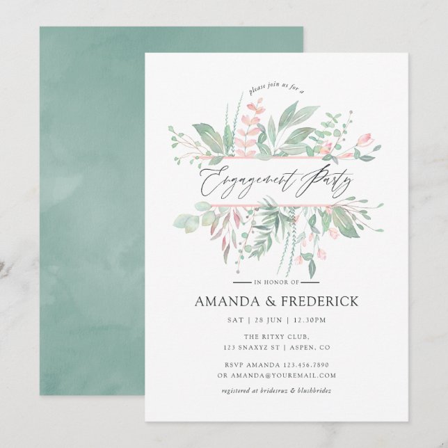 Invitation Pastel Blush Green Party d'engagement (Devant / Derrière)