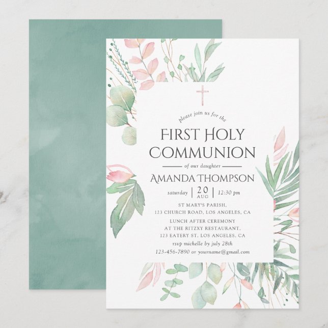 Invitation Pastel Blush Green Première Communion Sainte (Devant / Derrière)