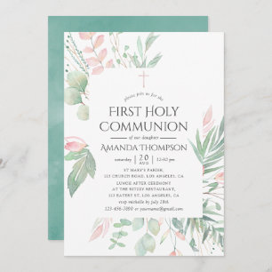 Invitation Pastel Blush Green Première Communion Sainte