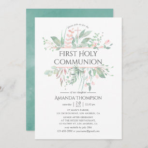 Invitation Pastel Blush Green Première Communion Sainte