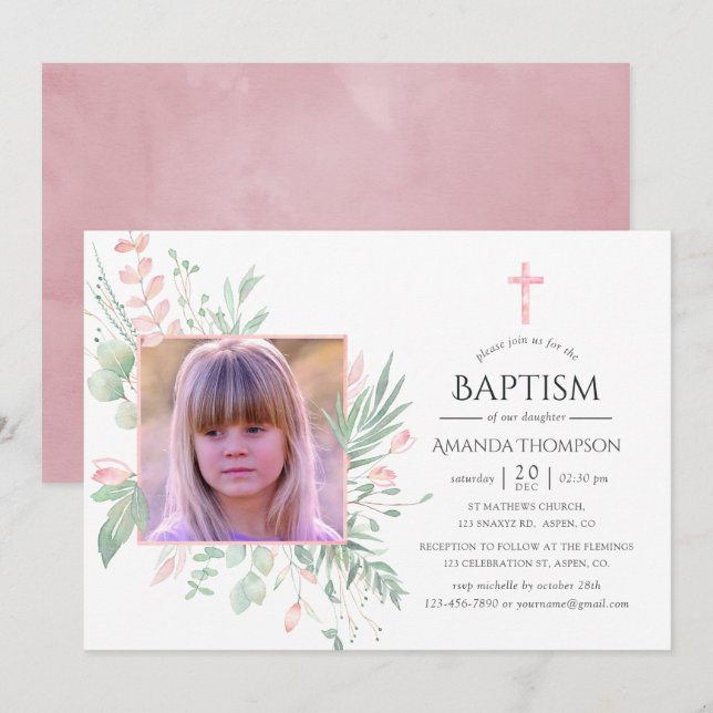 Invitation Pastel Blush Greenerm Baptême ou Christening (Devant / Derrière)