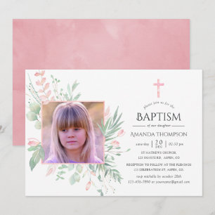 Invitation Pastel Blush Greenerm Baptême ou Christening