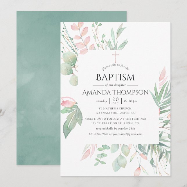 Invitation Pastel Blush Greenerm Baptême ou Christening (Devant / Derrière)