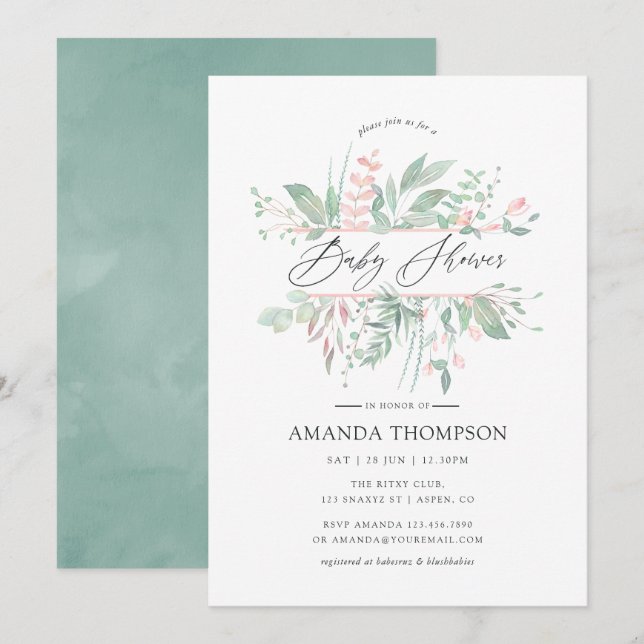 Invitation Pastel Blush Greenery Baby shower géométrique (Devant / Derrière)
