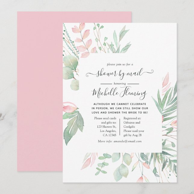 Invitation Pastel Blush Greenery Fête des mariées par mail (Devant / Derrière)
