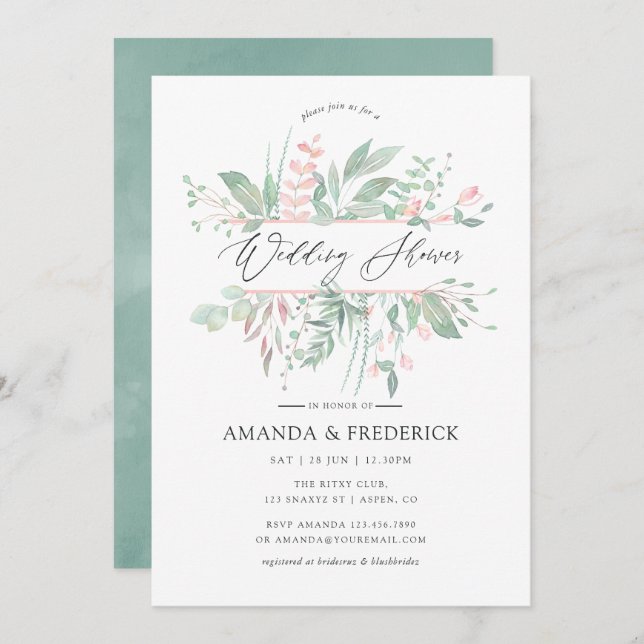 Invitation Pastel Blush Greenery Wedding shower (Devant / Derrière)