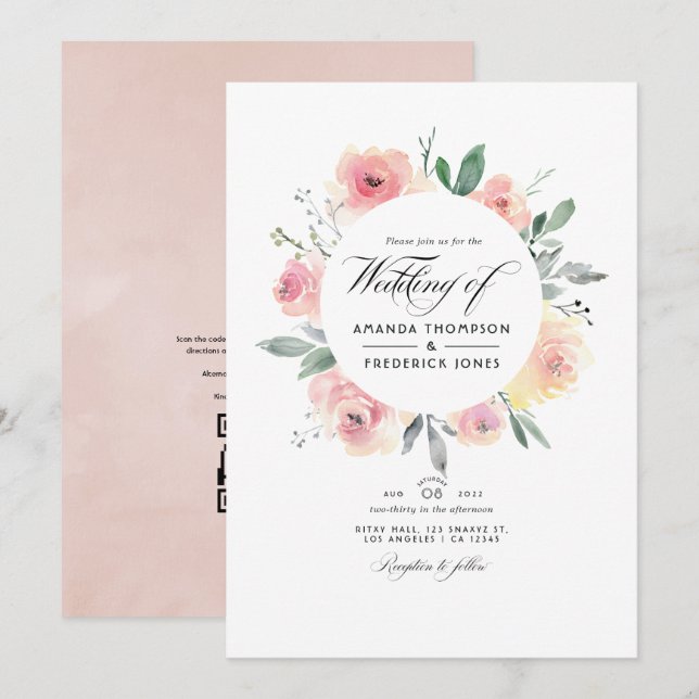 Invitation Pastel Blush rose Floral QR Code RSVP Mariage (Devant / Derrière)